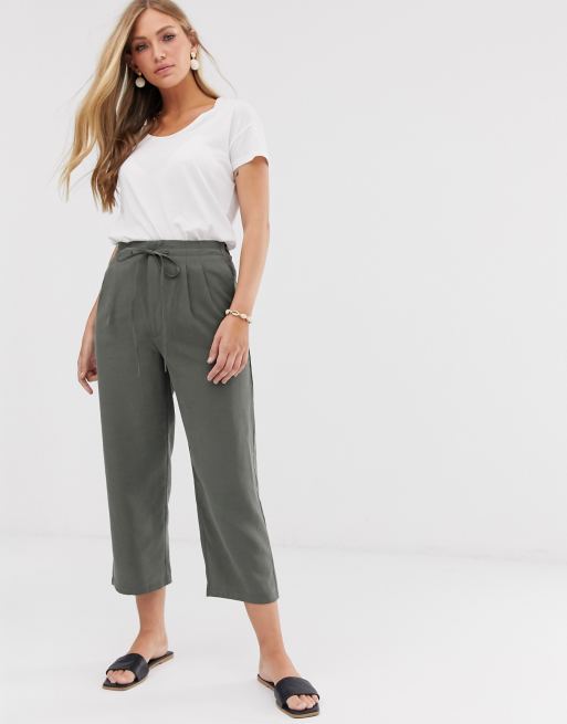 Mango tie waist trousers in khaki | ASOS