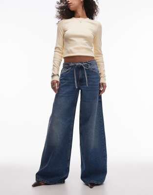 Mango Tie Waist Wide Leg Jeans Blue