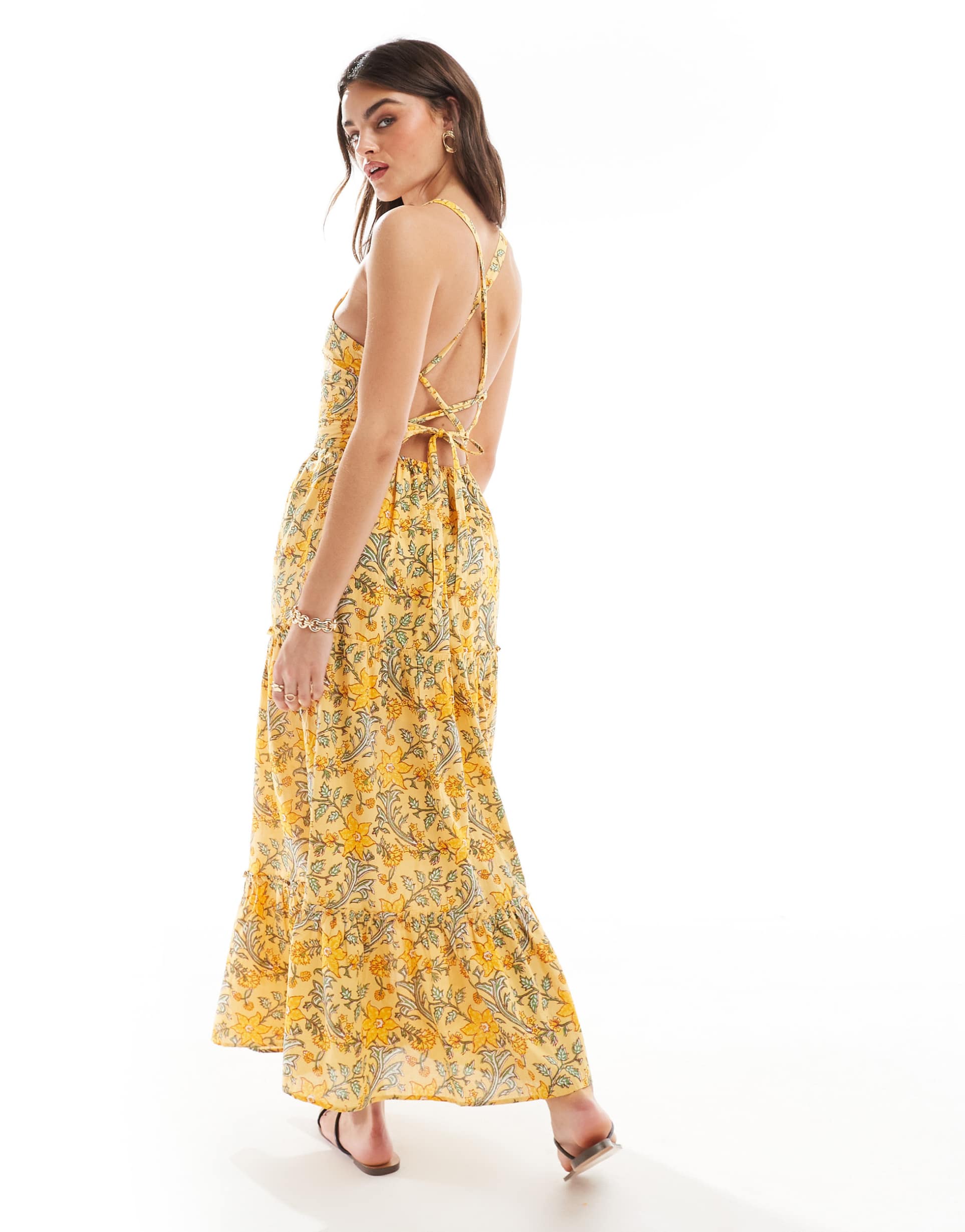 mango tiered floral midi dress in yellow