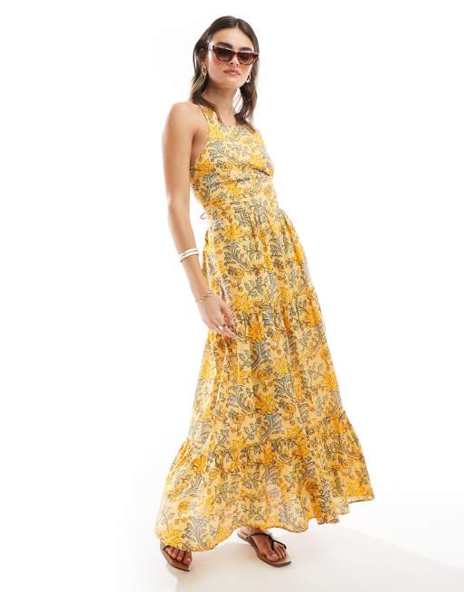 Mango tiered floral midi dress in yellow, 2 of 4