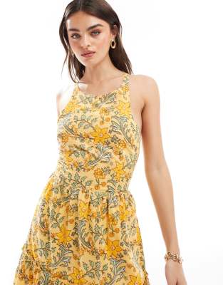 Mango tiered floral midi dress in yellow | ASOS