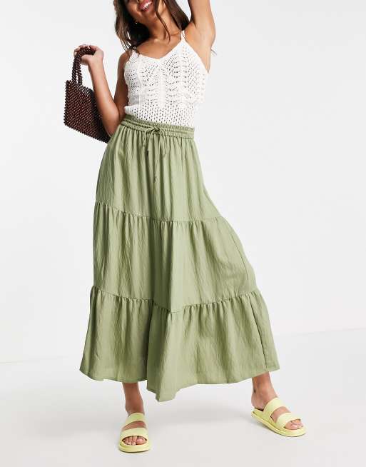 Mango tiered maxi skirt in khaki | ASOS