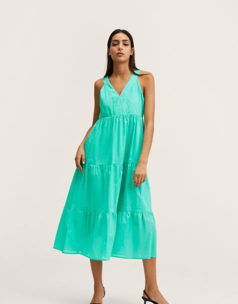 Mango tiered strappy midi dress in mint