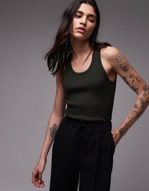 Mango tipped racer neck tank top in dark green - view 1