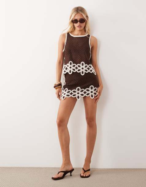 Mango Tomi crochet knit vest top & mini skirt co-ord with flower detail in brown - view 1