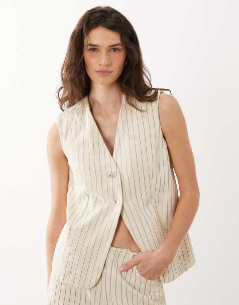 Mango Tony denim waistcoat co-ord in beige stripe - view 1