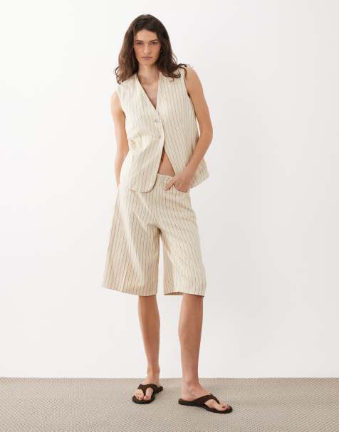 Mango Tony denim waistcoat & short co-ord in beige stripe - view 1