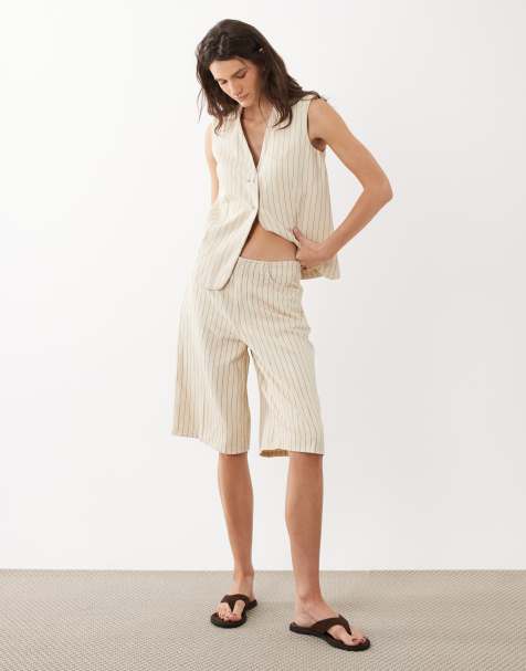 Mango - Tony - Pantaloncini bermuda di jeans beige a righe in coordinato - view 1