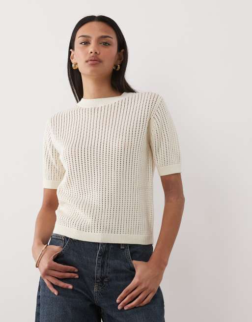 Mango - Top 100% cotone a maniche corte color panna