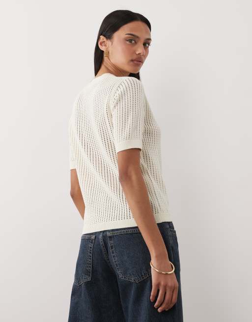 Mango - Top 100% cotone a maniche corte color panna, 4 di 4