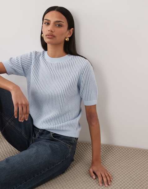 Mango - Top 100% cotone a maniche corte in maglia blu pastello - view 1