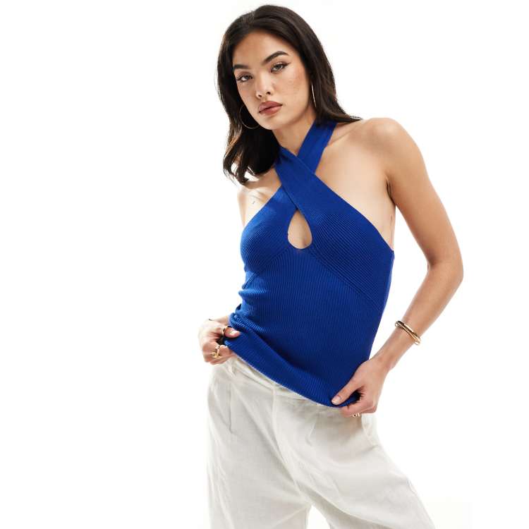 Haut Sans Manches BCBG MAX AZRIA - Col V, Polyester Bleu Fumée, Taille L Neuve Avec étiquette