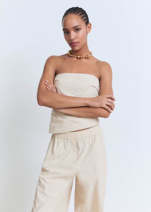 Mango - Top a fascia asimmetrico color avorio con arricciatura laterale in coordinato