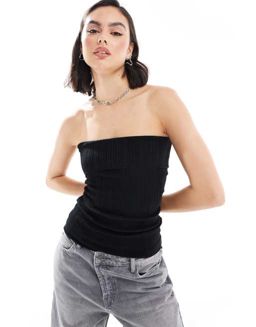 Mango - Top a fascia nero a coste con risvolto