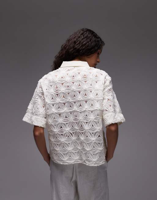 Mango Top a maniche corte all'uncinetto bianco con motivo a