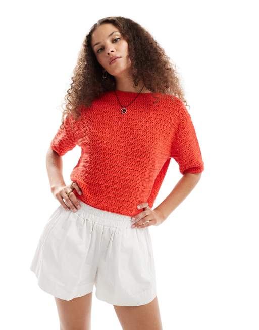 Mango - Top a maniche corte all'uncinetto in maglia rosso