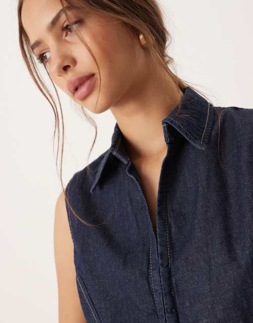 Mango - Top a maniche corte in denim misto cotone color indaco, 3 di 4