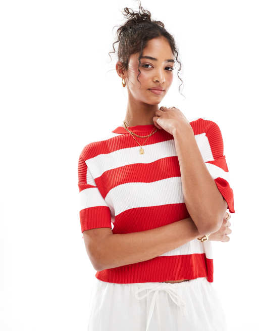 Mango - Top a maniche corte in maglia a righe color rosso e bianco