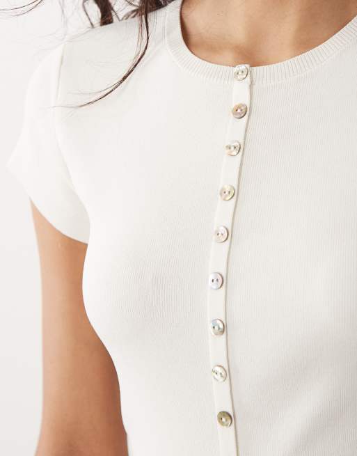 Mango - Top a maniche corte in maglia bianco con bottoni, 4 di 4