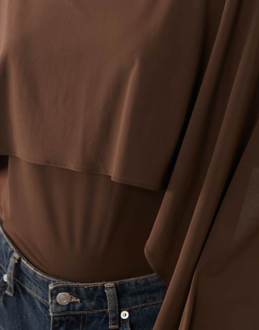 Mango - Top a maniche corte marrone con scollo rotondo e mantella, 3 di 4