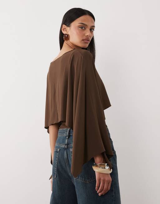 Mango - Top a maniche corte marrone con scollo rotondo e mantella, 4 di 4
