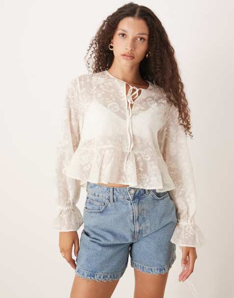 Mango - Top a maniche lunghe allacciato al collo beige ricamato - view 1