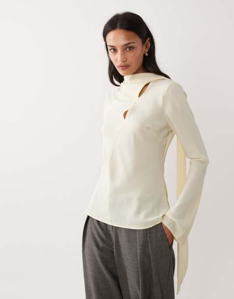 Mango - Top a maniche lunghe beige con cut-out e foulard - view 1