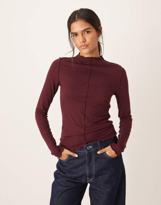 Mango - Top a maniche lunghe color bordeaux con bordi smerlati