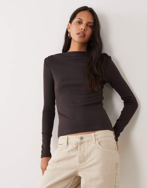 Mango top a maniche lunghe con scollo a barchetta marrone - view 1