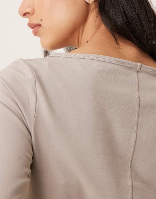 Mango - Top a maniche lunghe in misto cotone marrone chiaro con scollo a barchetta, 3 di 4