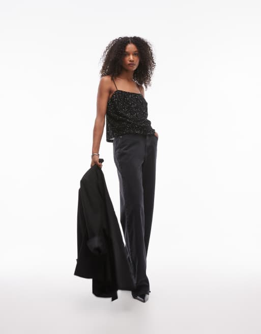 T-shirt Mango Noir à Paillettes (sequins) Devant - Taille M (jusqu'à 40) - Occasion Bon état