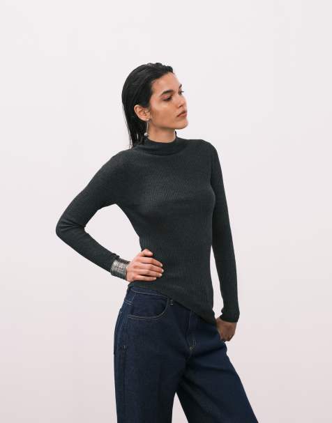 Mango - Top accollato asimmetrico in maglia grigio antracite - view 1