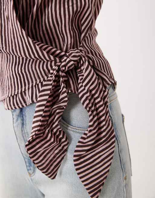 Mango top allacciato al collo con cintura in vita a righe bordeaux, 3 di 4