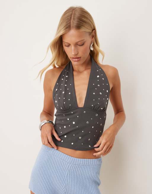 Mango - Top allacciato al collo in misto cotone color antracite con borchie
