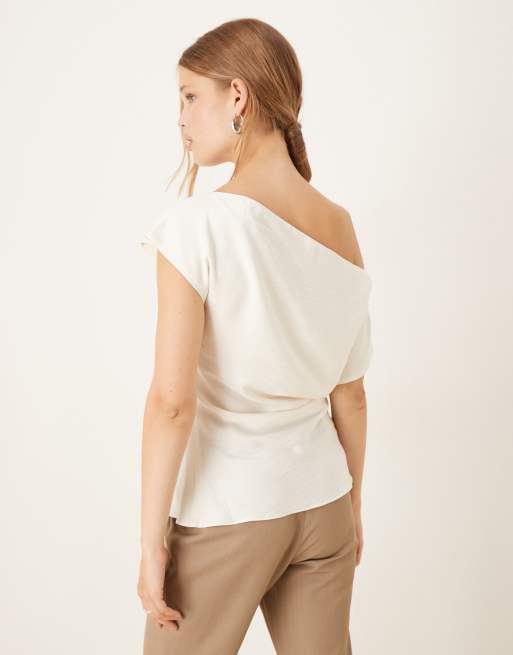 Mango - Top asimmetrico bianco con arricciatura laterale, 3 di 4