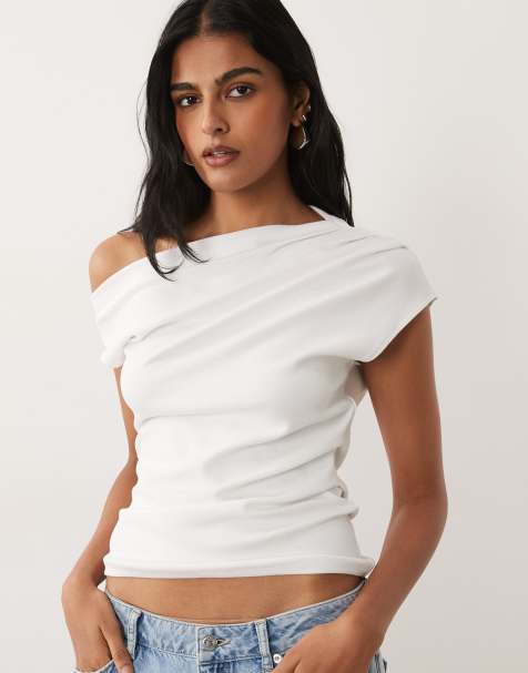 Mango - Top asimmetrico bianco in misto cotone - view 1
