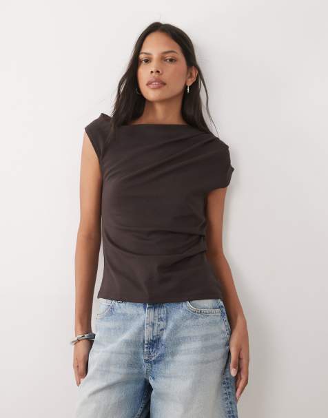 Mango - Top asymétrique en coton mélangé - Marron - view 1