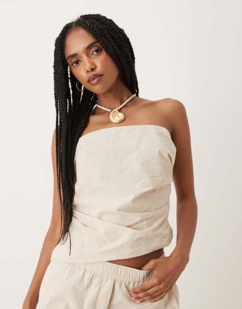 Mango - Top bandeau d'ensemble asymétrique froncé sur le côté - Ivoire - view 1