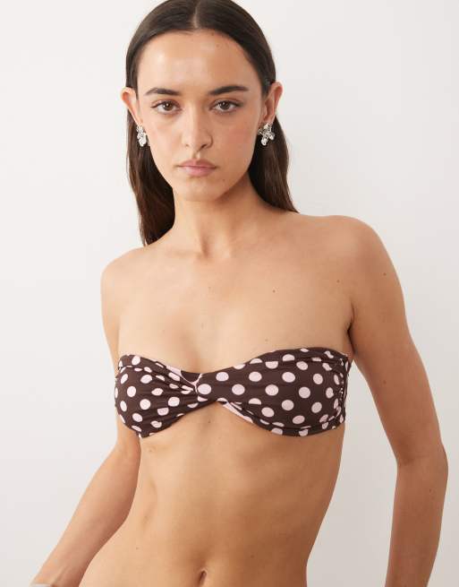 Mango - Top bikini a fascia marrone a pois con arricciatura e allacciatura sul retro, 4 di 4