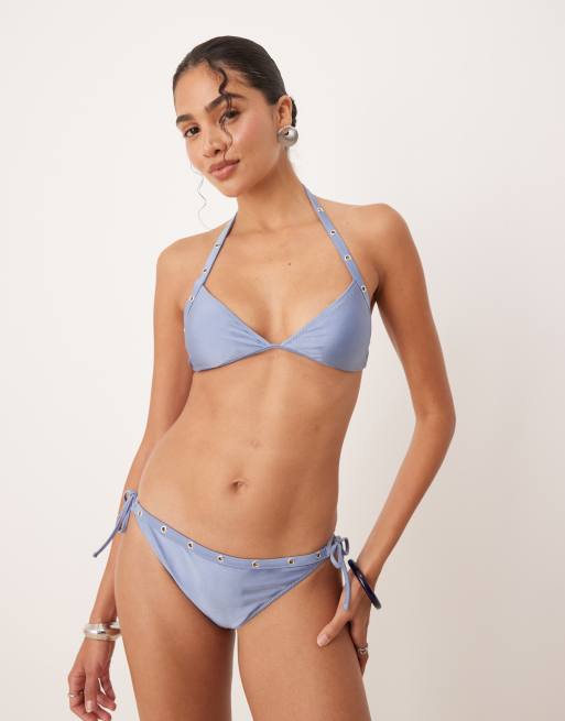 Mango - Top bikini allacciato al collo celeste con borchie metallizzate