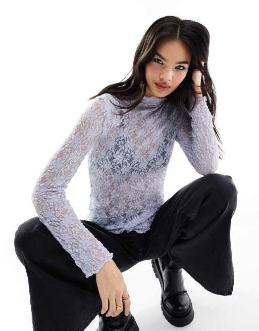 Mango - Top blu a fiori trasparente