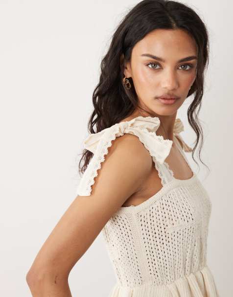 Mango - Top con spalline allacciate in misto cotone con cut-out color crema - view 1