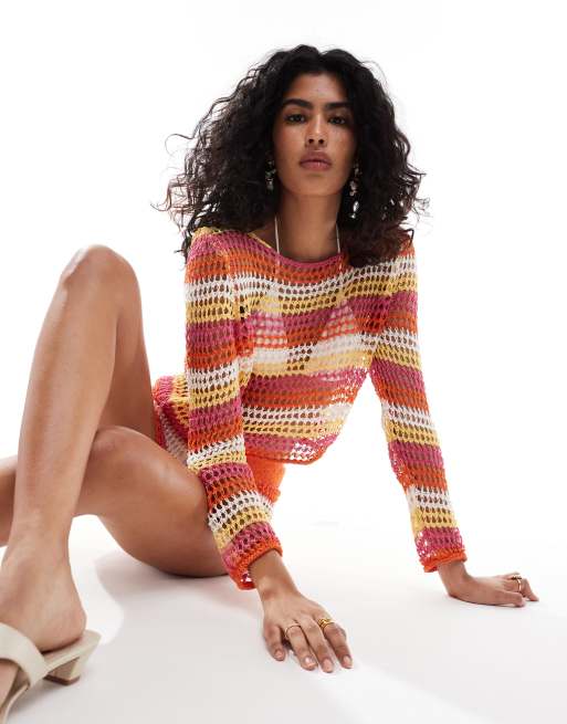 Mango - Top corto in maglia all'uncinetto rosso a righe in coordinato