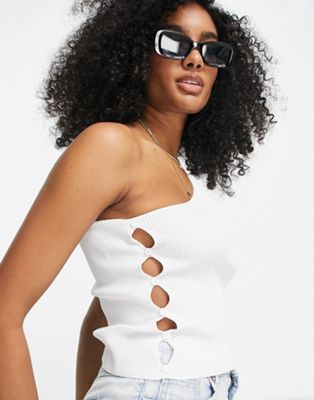 Mango ribbed asymmetric top with side button detail in white - ASOS Price Checker