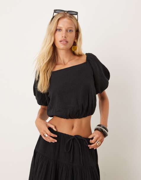 Mango - Top d'ensemble à épaules dénudées en gaze de coton - Noir - view 1