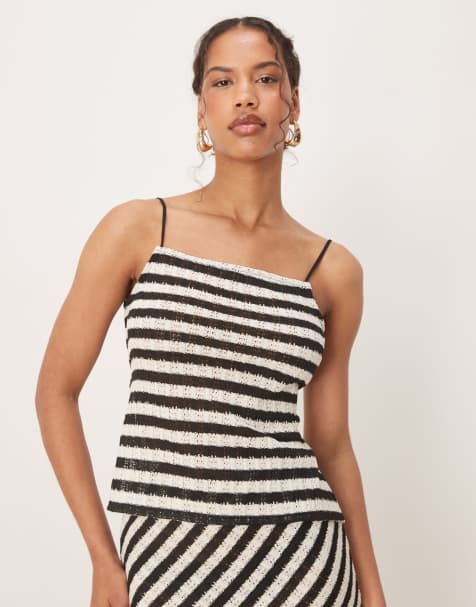 Mango - Top d'ensemble ajusté en fine maille rayée avec liens noués au dos - Noir - view 1