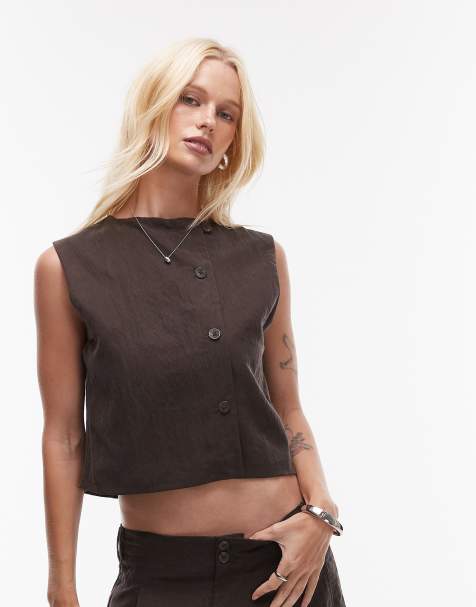 Mango - Top d'ensemble sans manches en cupro avec boutons au dos - Marron - view 1
