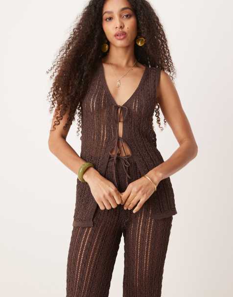 Mango - Top d'ensemble sans manches en maille au crochet avec liens noués à l'avant - Marron - view 1