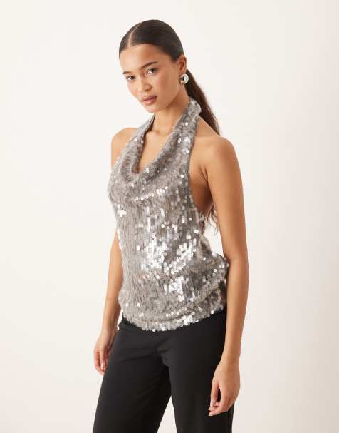 Mango - Top dos nu orné de sequins - Argenté - view 1