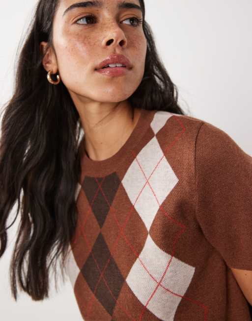 Mango top en maille à manches courtes imprimé argyle marron et crème, 3 de 4